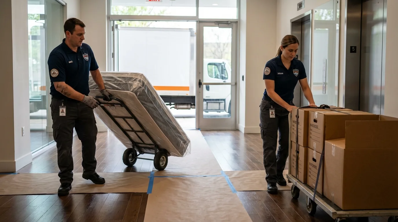 Professional apartment movers loading elevator in Del Mar, CA